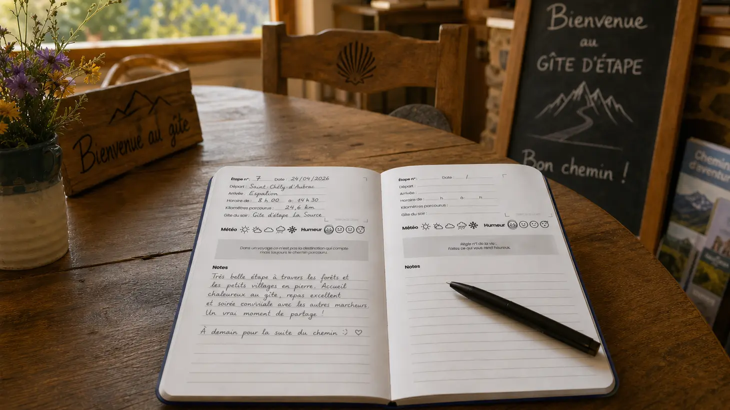 Journal de marche ouvert, posé sur la table d'un gîte